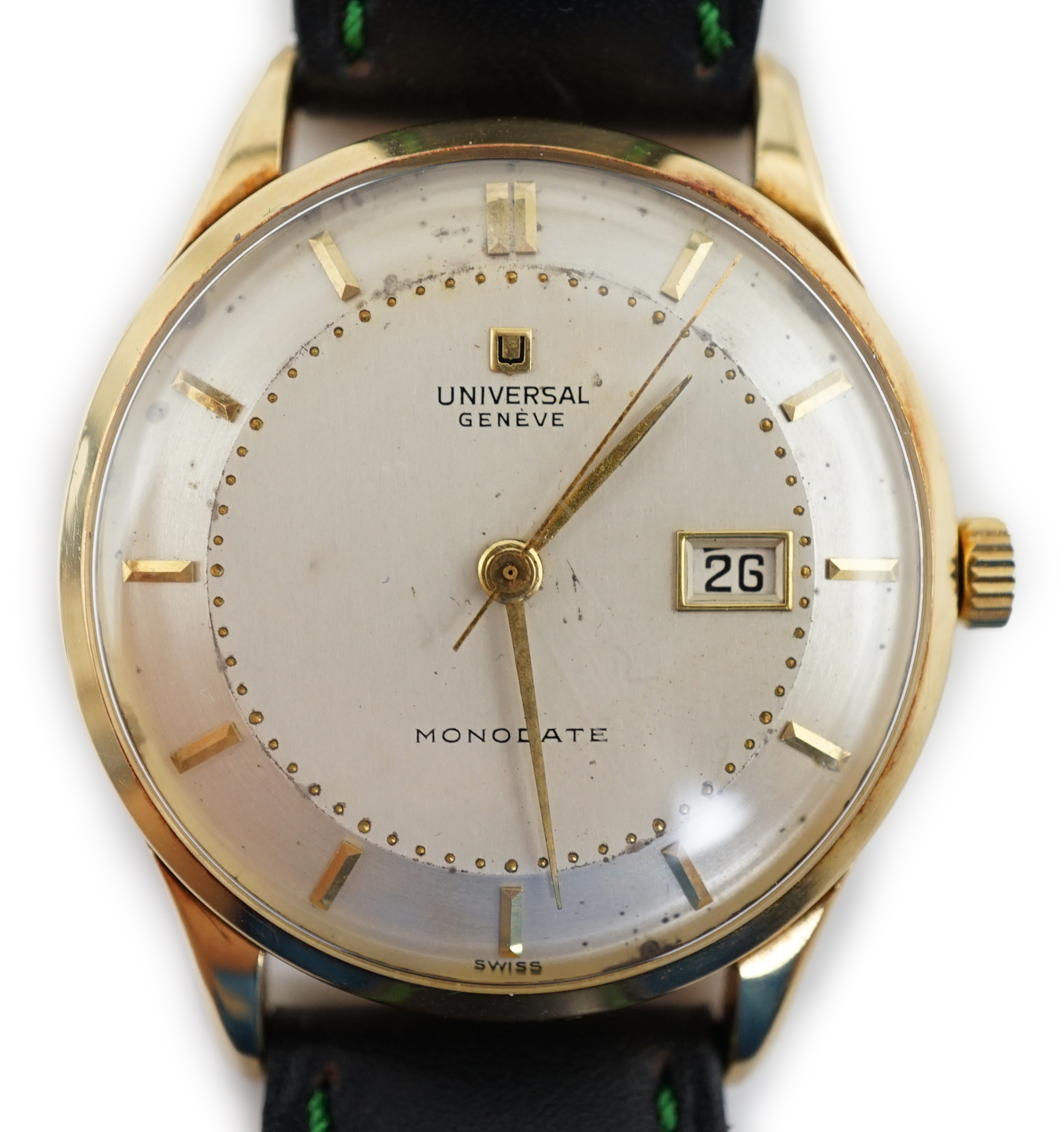 A gentleman's 1950's 18k gold Universal Monodate manual wind wrist watch